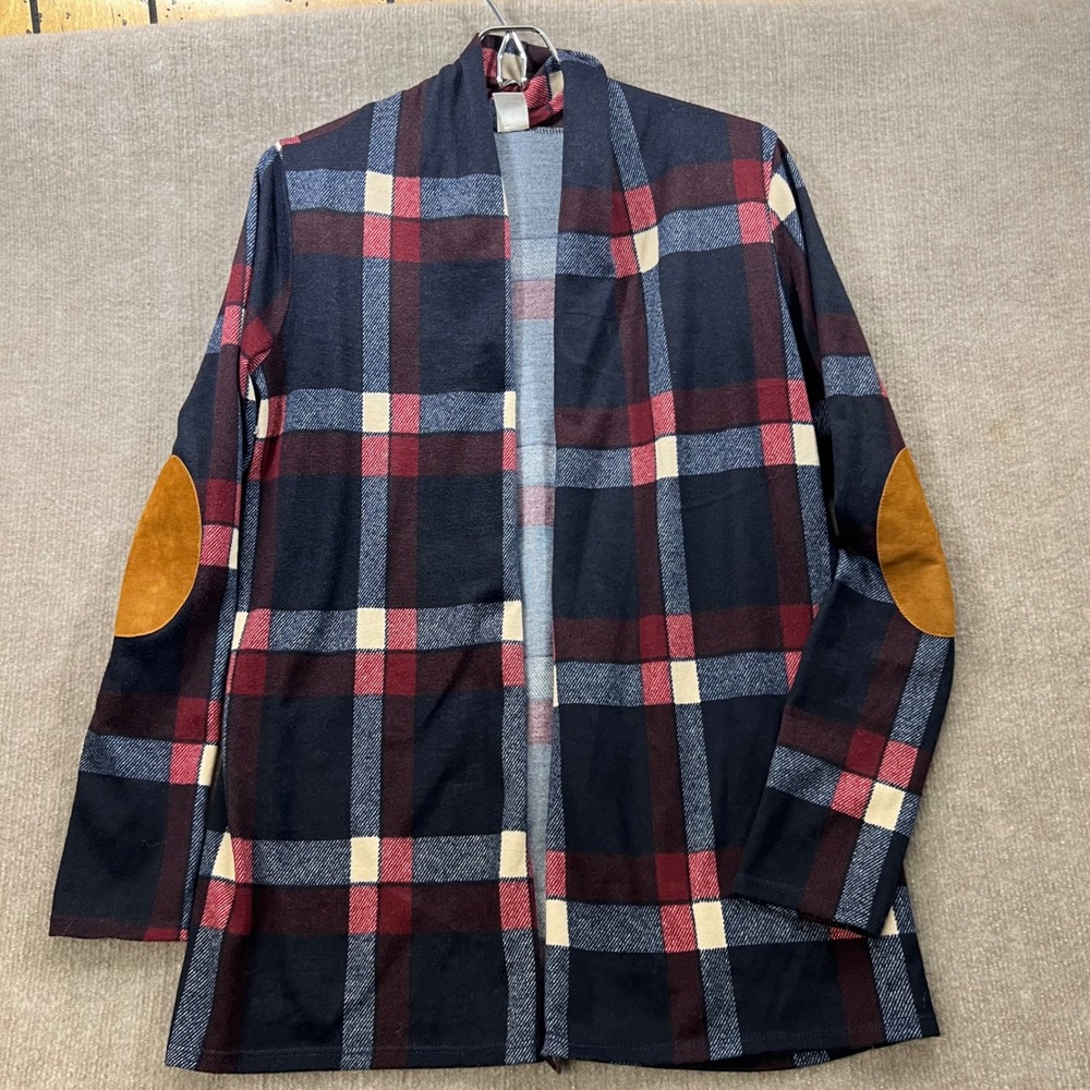 Sun‎ Moon Plaid Cardigan Elbow Patches Women's Medium Cozy Open Front USA